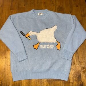 Aelfric Eden Sweater Mens XL Blue Goose Knife Murder Crewneck Graphic Knit